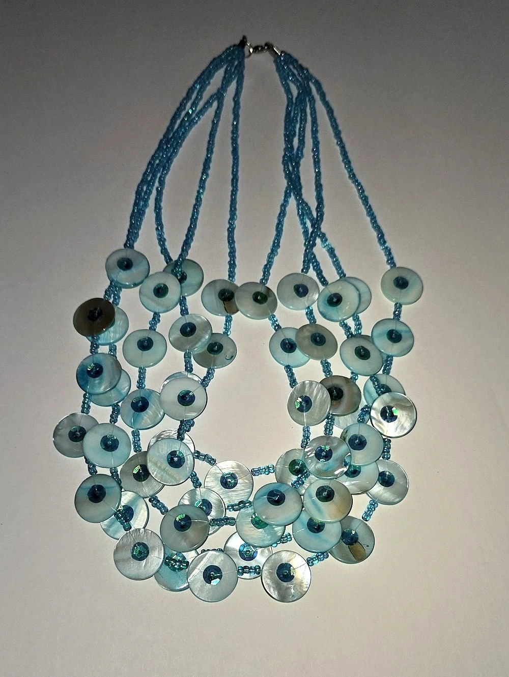 Aqua-Blue Layered Beaded Necklace, Mother-of-pearl Shell
